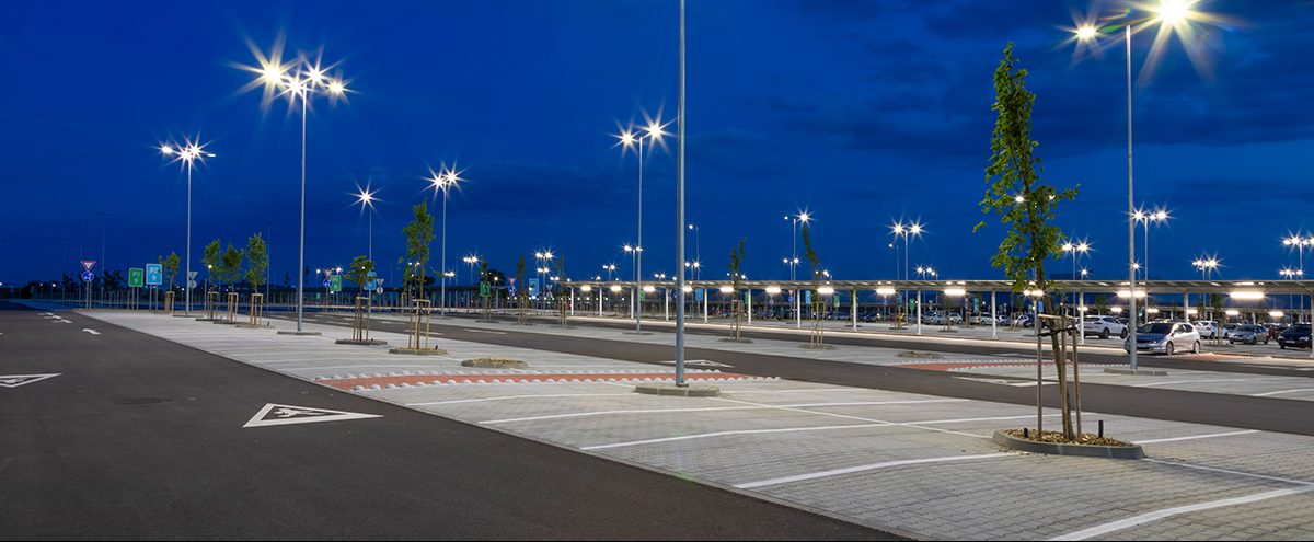 commercial parking lot at night