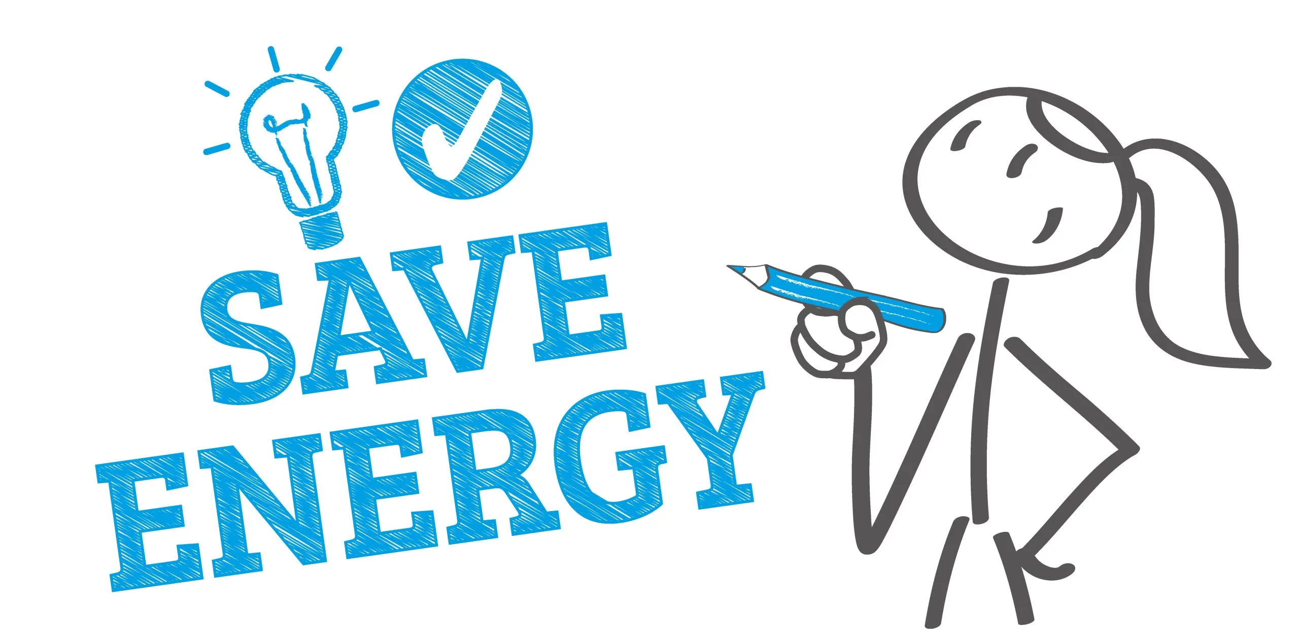 Lightbulb and checkmark with text save energy, stick figure writing