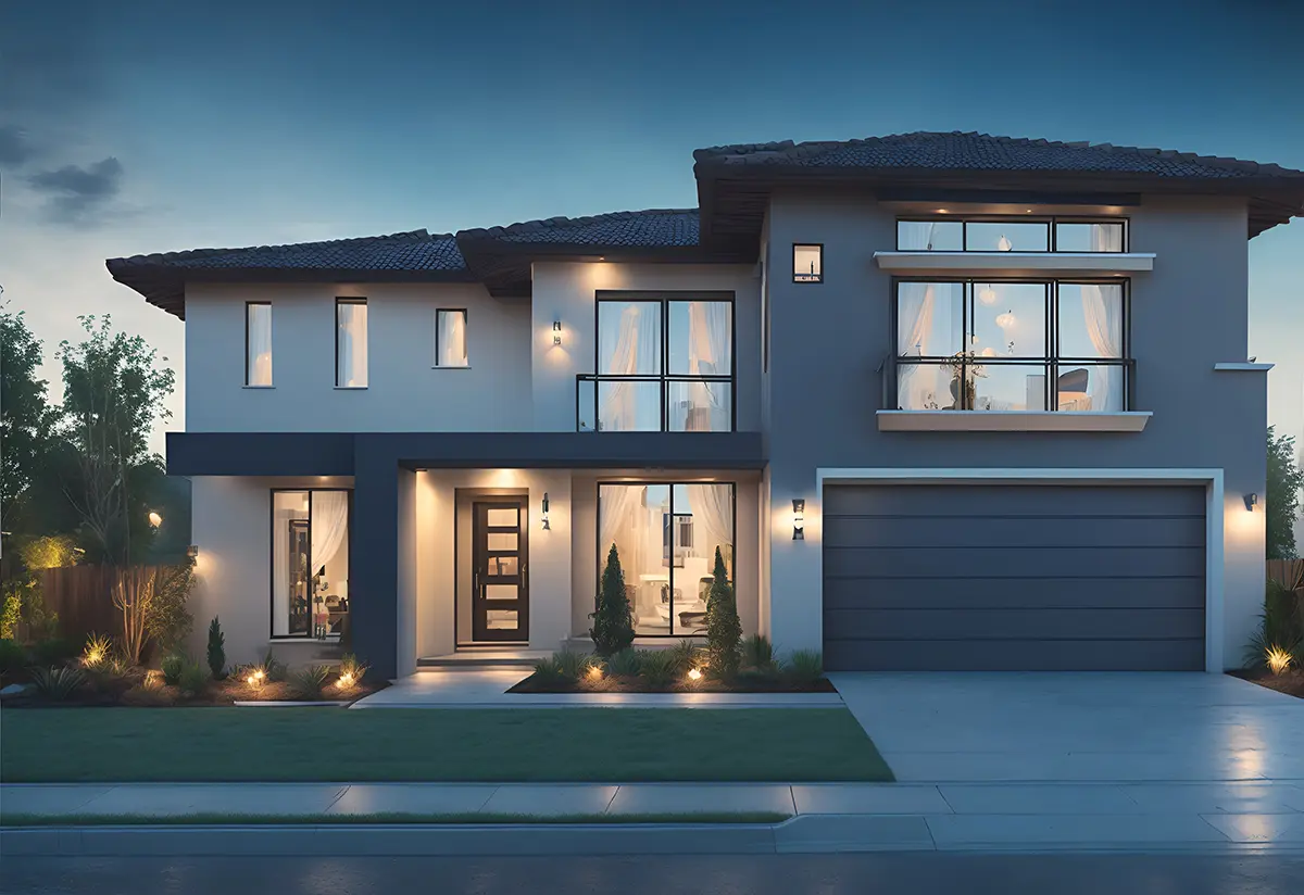 Modern two-story house at dusk with lit windows and landscape lighting