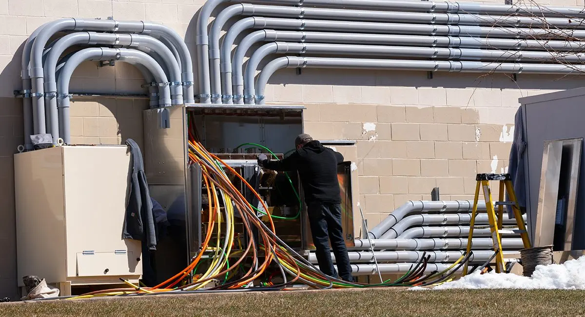Electrician working on power management equipment with yellow cables and PVC piping
